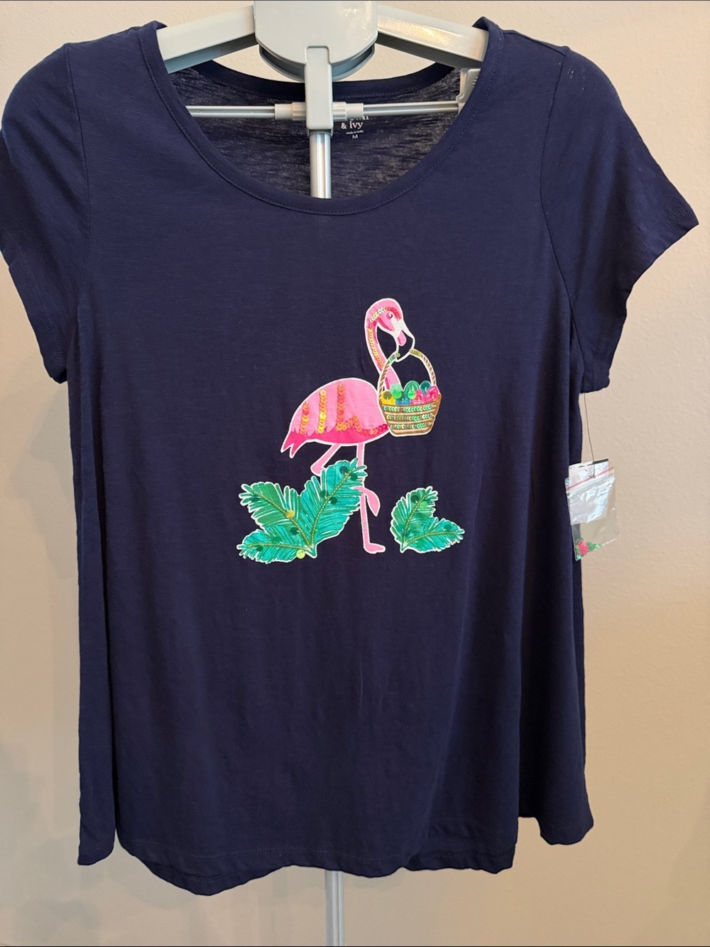 crown & ivy Navy Flamingo Sequins Short Sleeve Tee
